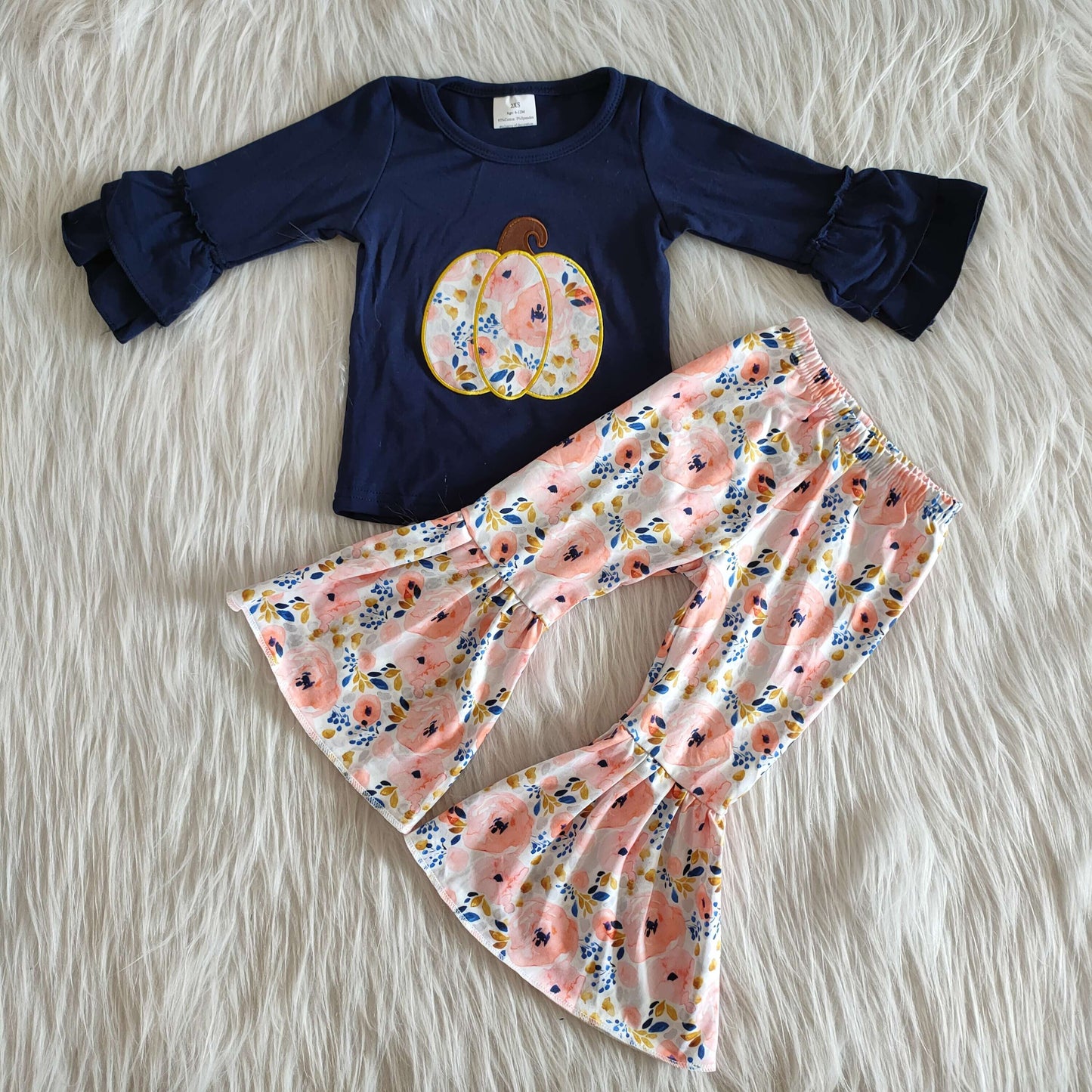 6 A9-15 Baby Girls Floral Pumpkin Navy Top Bell Bottom Pants Outfit