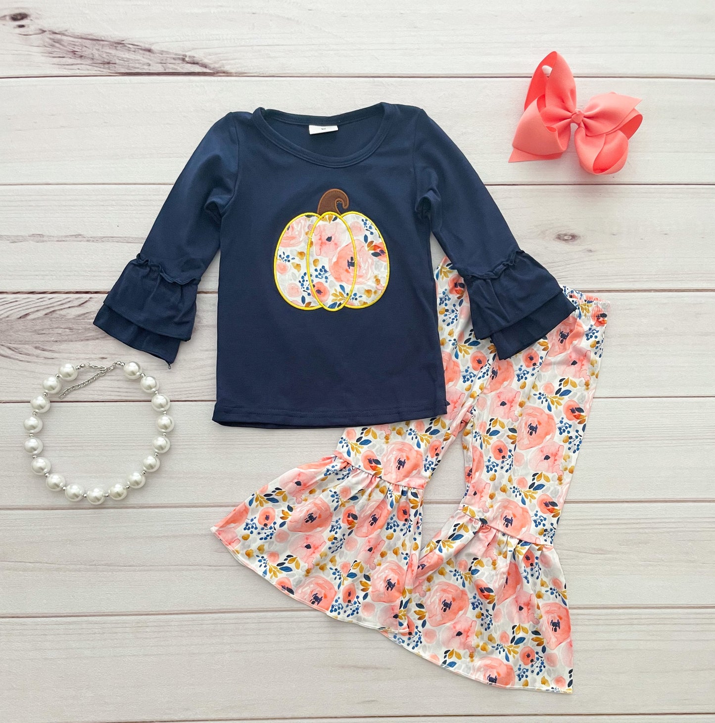 6 A9-15 Baby Girls Floral Pumpkin Navy Top Bell Bottom Pants Outfit