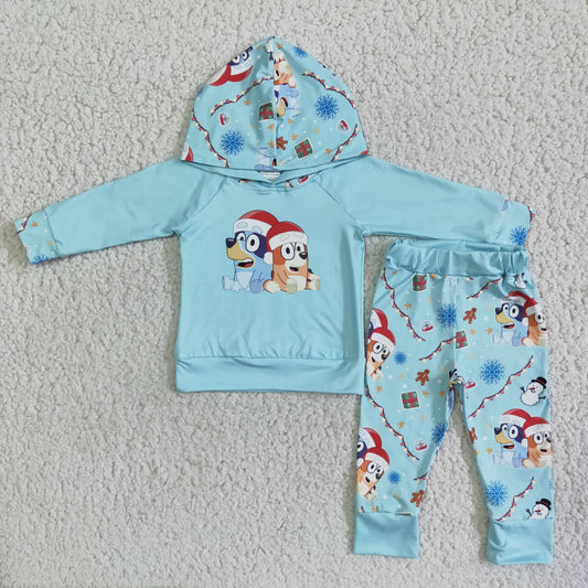 Boys Christmas Blue Dog Hoodie Top Outfit