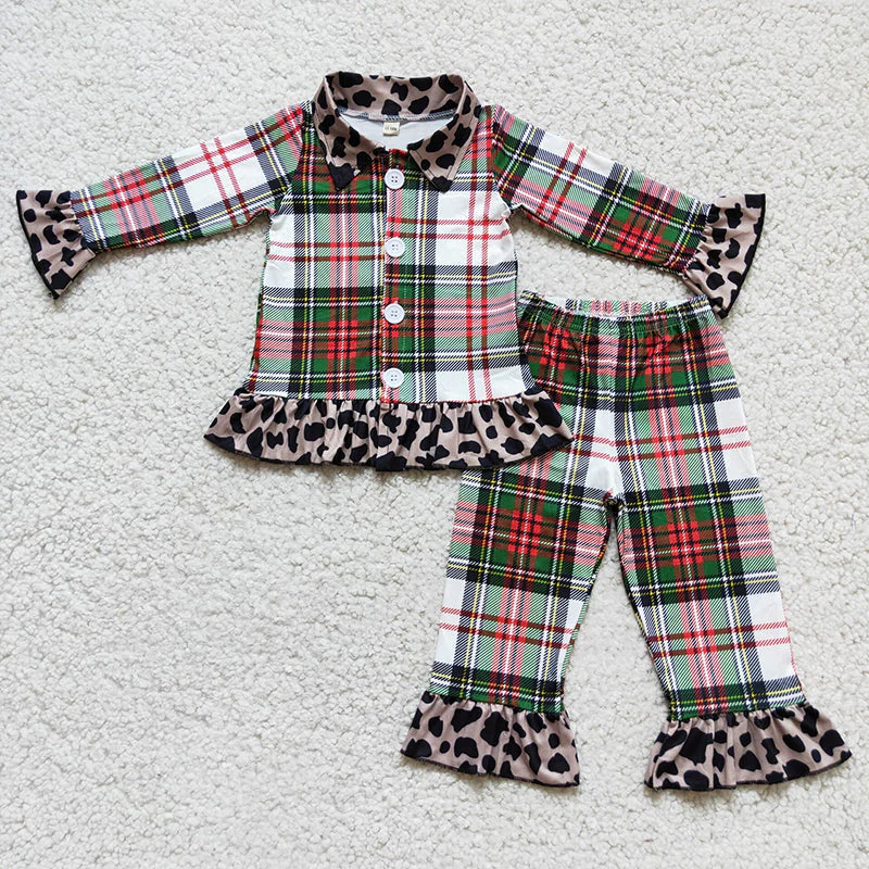 Baby Girls Boys Sibling Green Red Plaid Leoarpd Ruffle Pajama Set