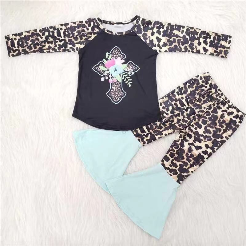 6 B3-1 Baby Girls Corss Floral Bell Bottom Pants Outfit