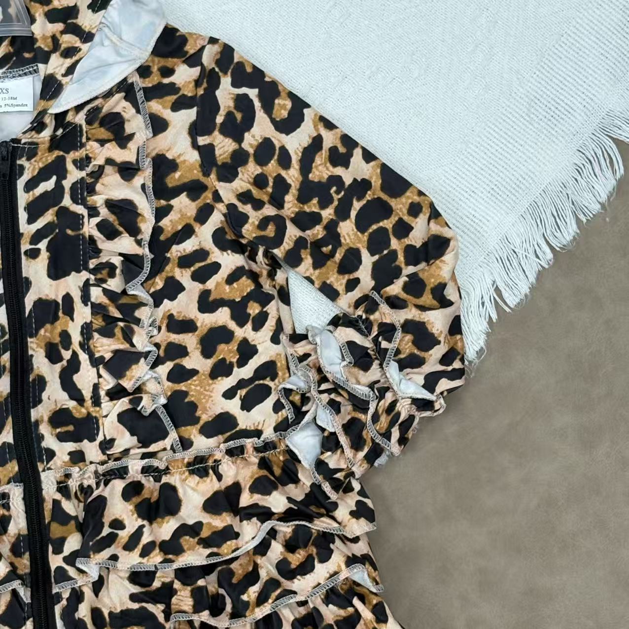 Sibling Kids Girls Leoaprd Zipper Cardigan Long Sleeve Ruffle Jacket