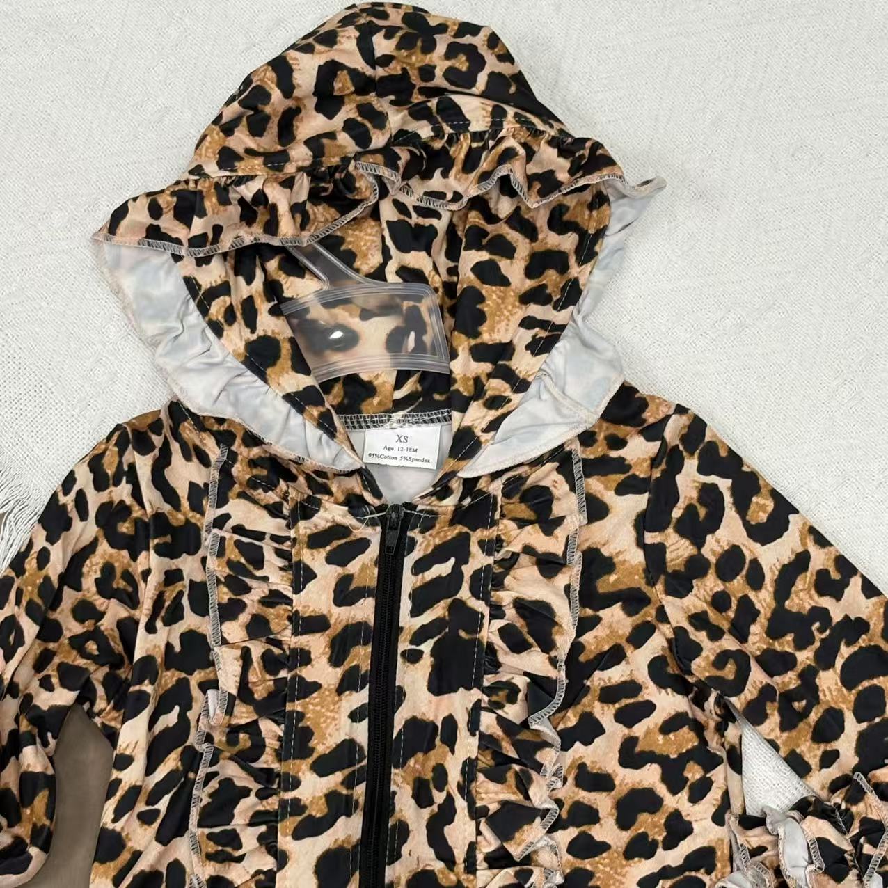 Sibling Kids Girls Leoaprd Zipper Cardigan Long Sleeve Ruffle Jacket