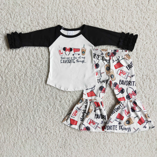 Baby Girls Black Long Ruffle Sleeves Cartoon Mouse Coffee Top Bell Bottom Pant Sets Outfit