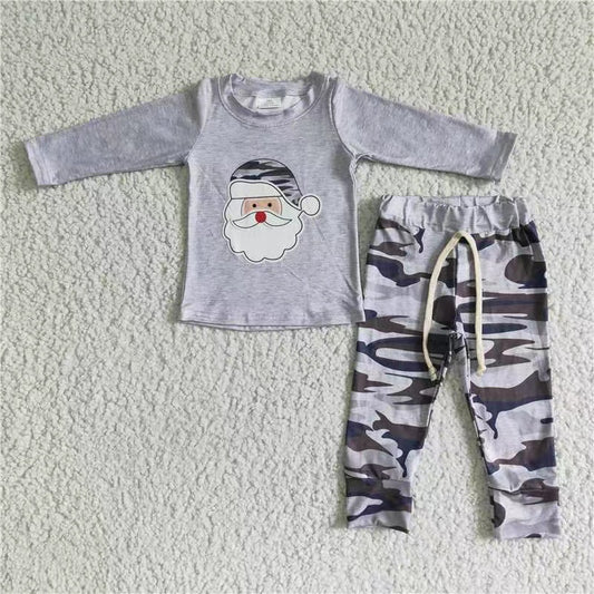 Santa screen print camo pants boy Christmas outfits