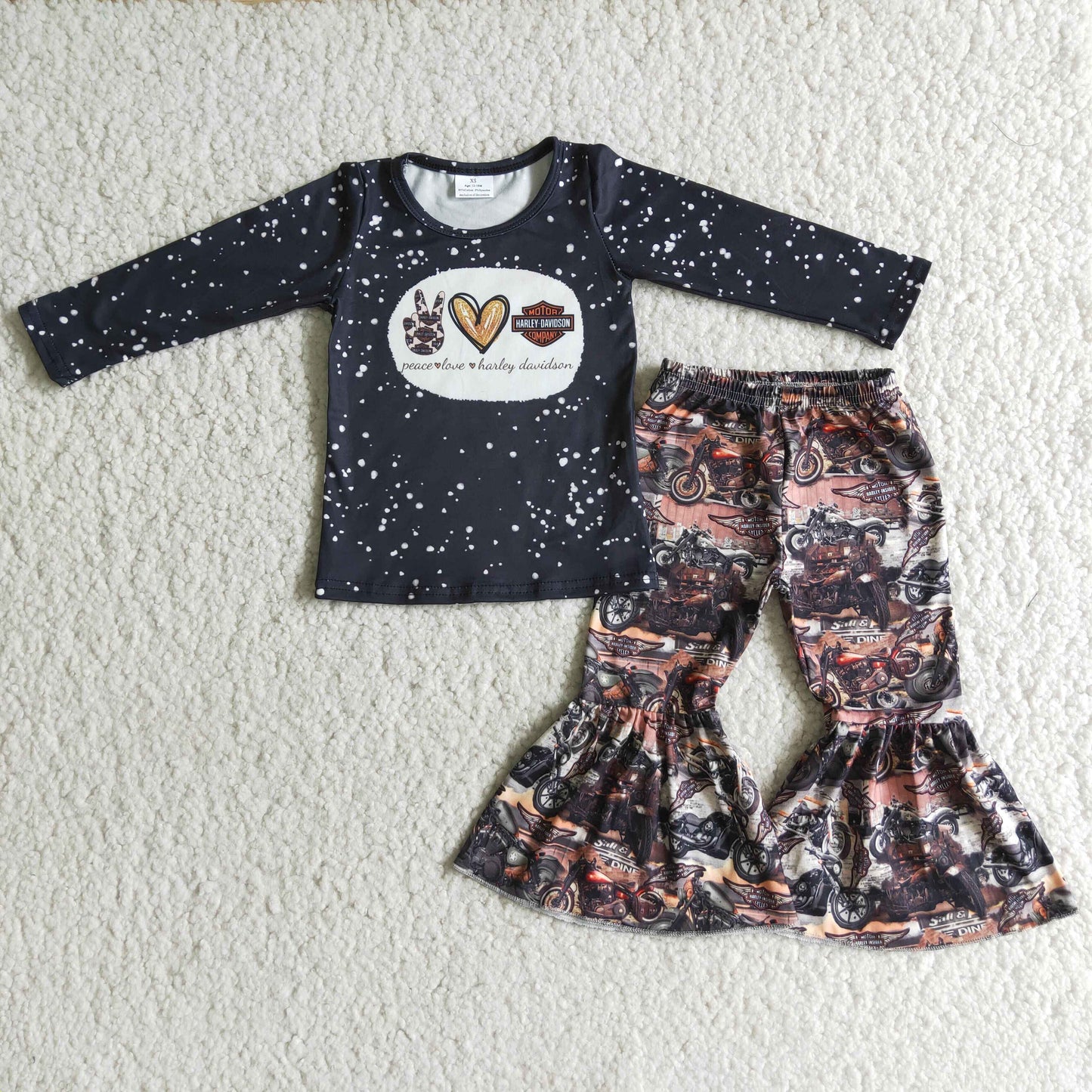 Baby Girls Black Long Sleeves Top Brown Motor Bell Bottom Pant Western Set