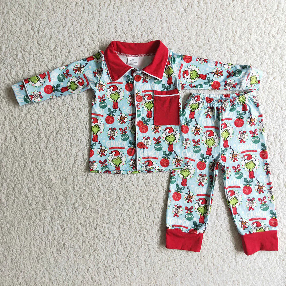 Sibling Toddler Christmas Green Face Buttons Pajama Set