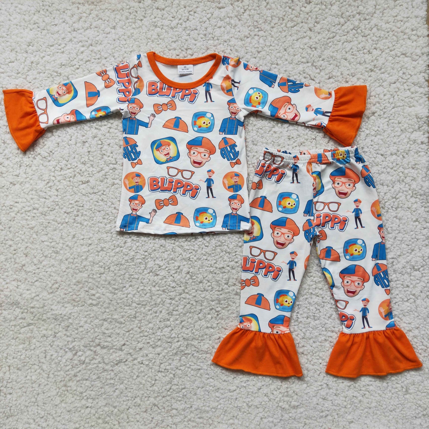 Baby Girls Orange Long Ruffle Sleeves Man Fishes Top Pant Pajamas Set