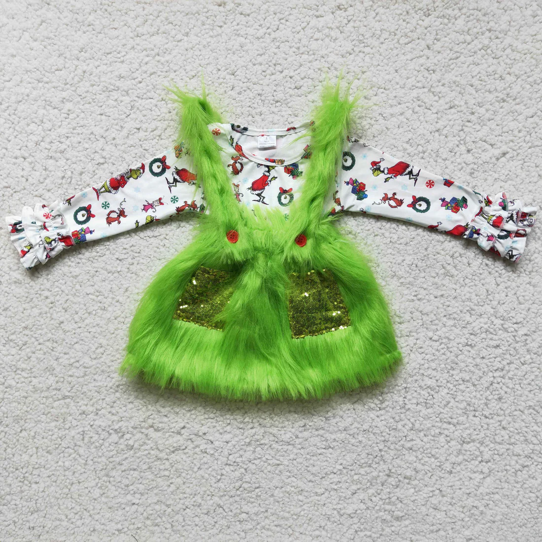 Sibling Baby Christmas Green Face Fur Design Susperder Outfits Clothes Sets