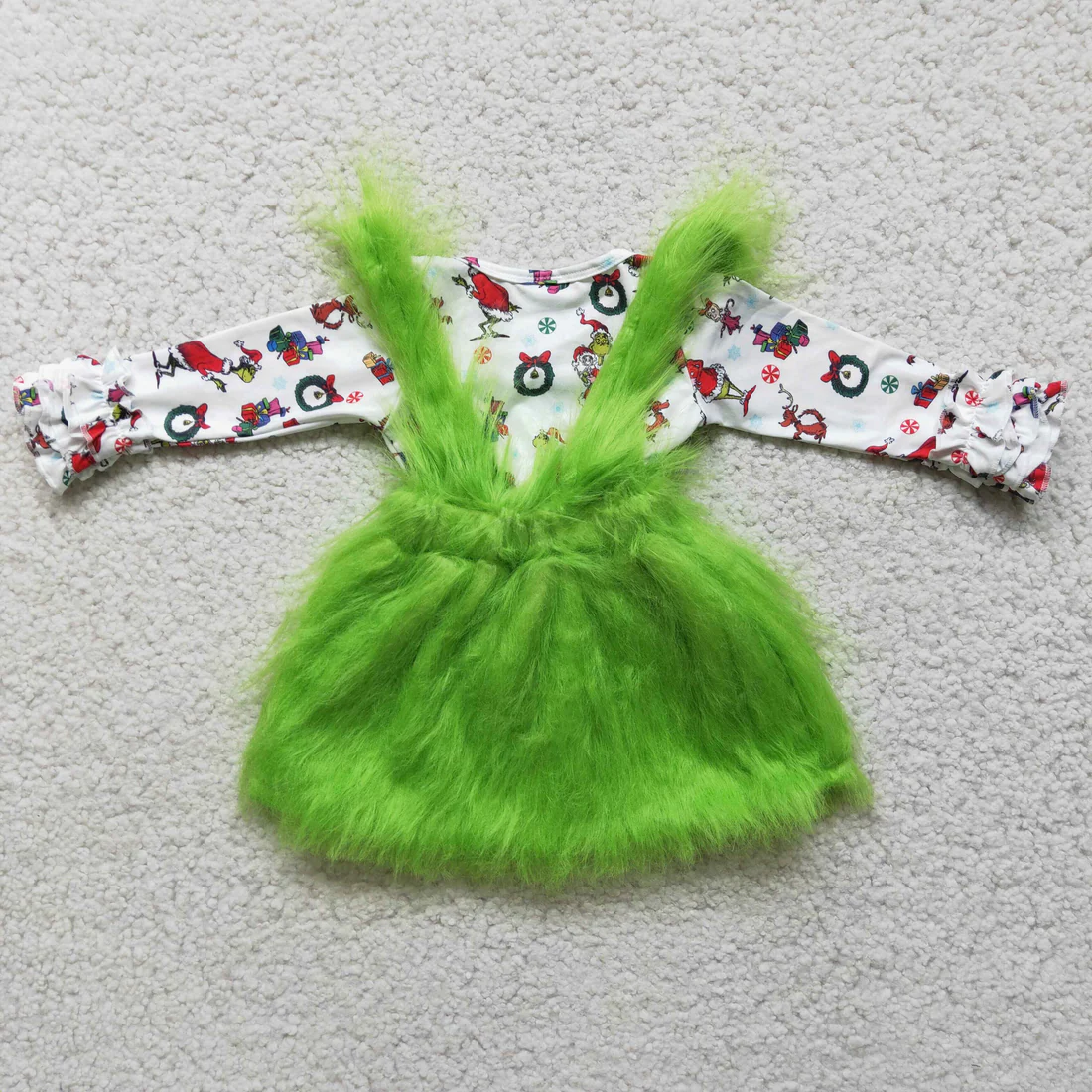 Sibling Baby Christmas Green Face Fur Design Susperder Outfits Clothes Sets