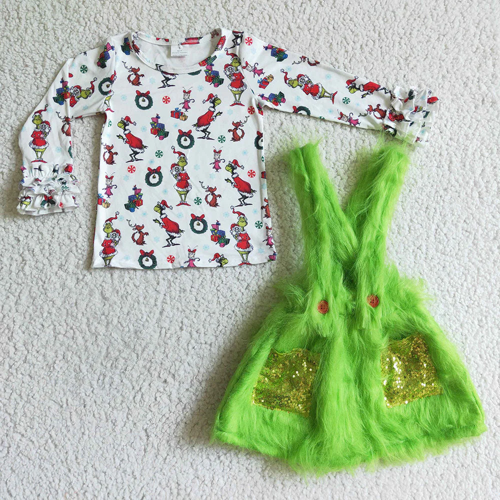 Sibling Baby Christmas Green Face Fur Design Susperder Outfits Clothes Sets