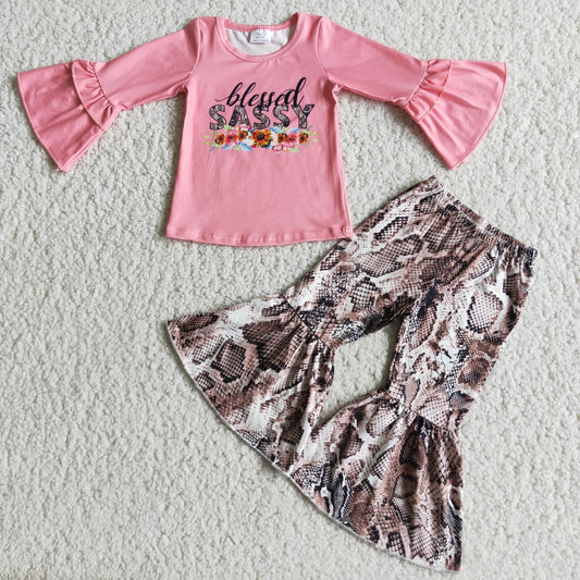 Baby Girls Pink Long Ruffle Sleeves Top Camo Bell Bottom Pant Set