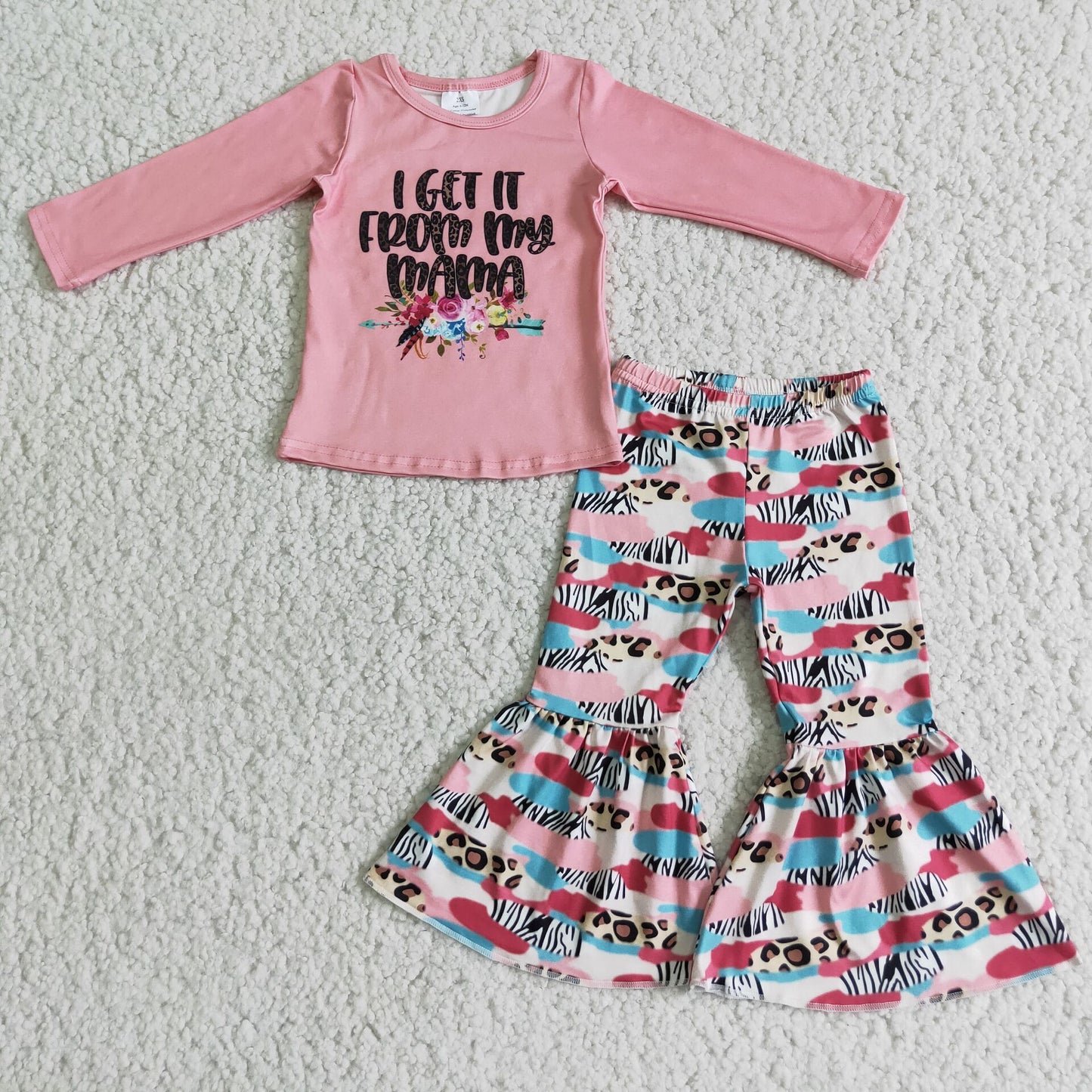 Baby Girls Pink Long Sleeves Floral Top Leopard Bell Bottom Pant Set