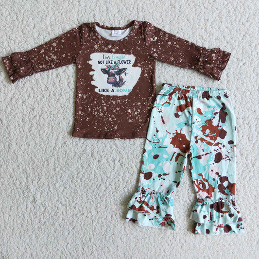 Baby Girls Brown Long Ruffle Sleeves Cow Top Aqau Cow Camo Pant Set