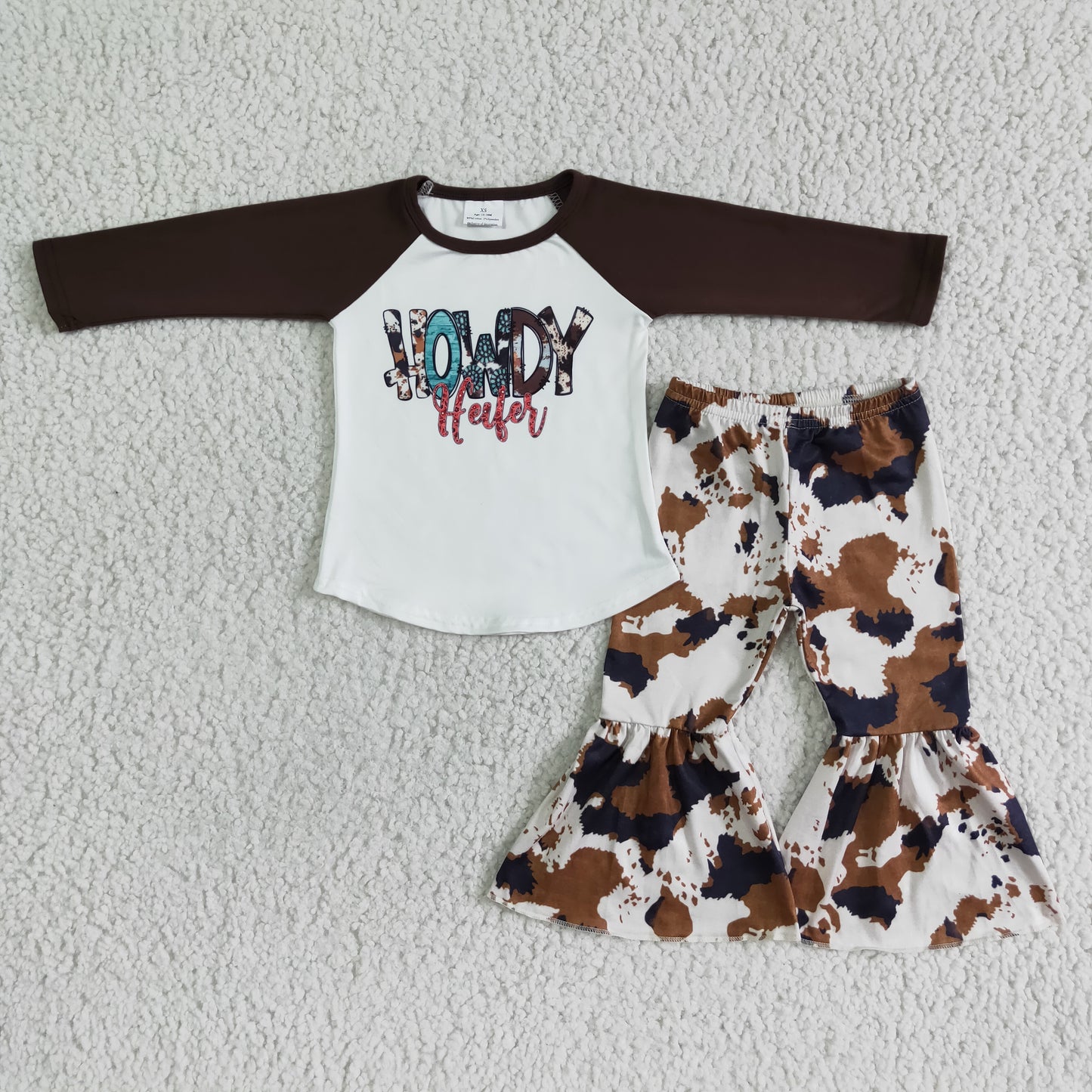 Baby Girls Brown Long Sleeves HOWDY Top Cow Print Bell Bottom Pant Western Set