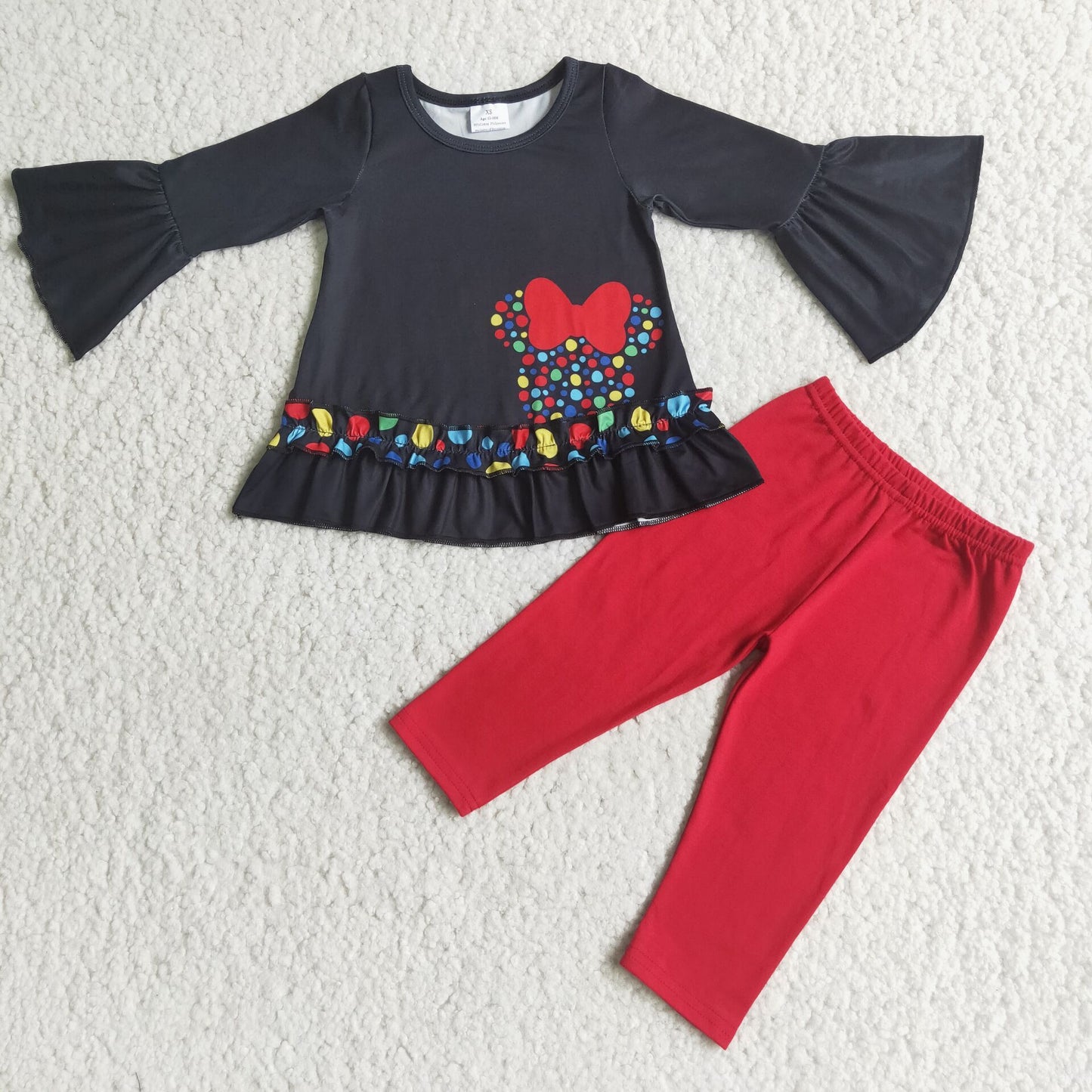 Baby Girls Black Ruffle Sleeves Cartoon Mouse Top Red Leggers Pants Set