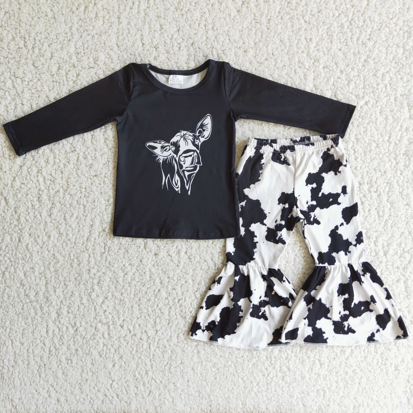 Baby Girls Black Long Sleeves Horse Top Cow Print Bell Bottom Pant Set