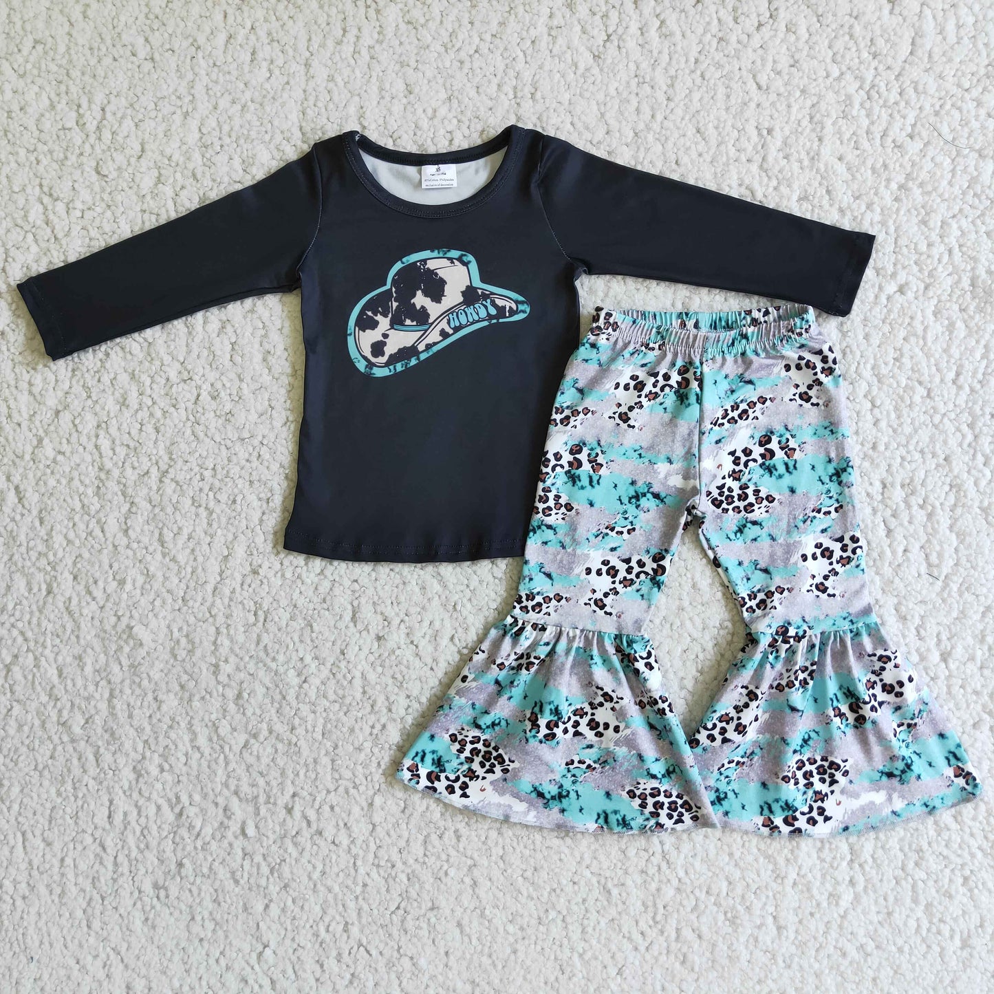 Baby Girls Black Long Sleeves HOWDY Hat Top Aqua Leopard camo Bell Bottom Pant Western Set