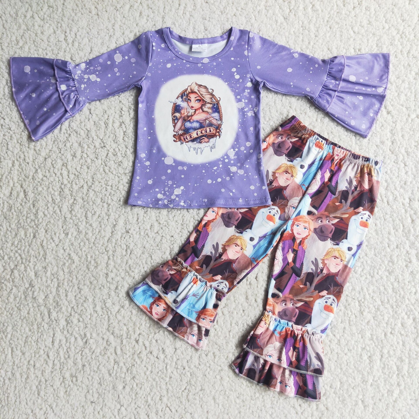 Baby Girls Lavender Long Ruffle Sleeves Cartoon Princess Top Pant Set