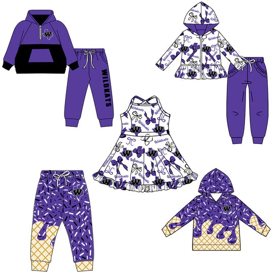 Preorder 5 MOQ Kids Sport Football Team Wildcat Purple Bow Matching Clothing