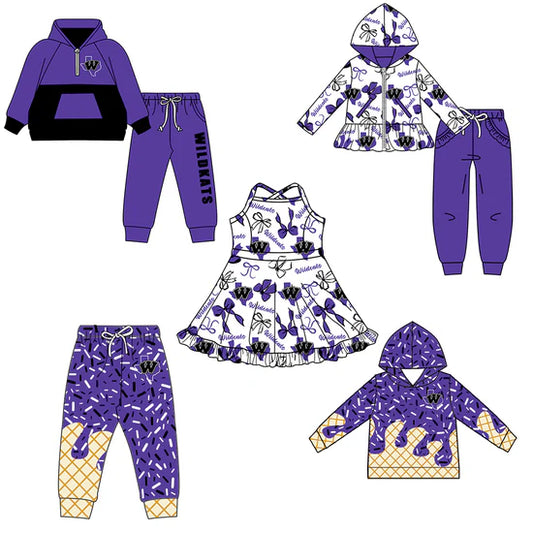 Preorder 5 MOQ Kids Sport Football Team Wildcat Purple Bow Matching Clothing