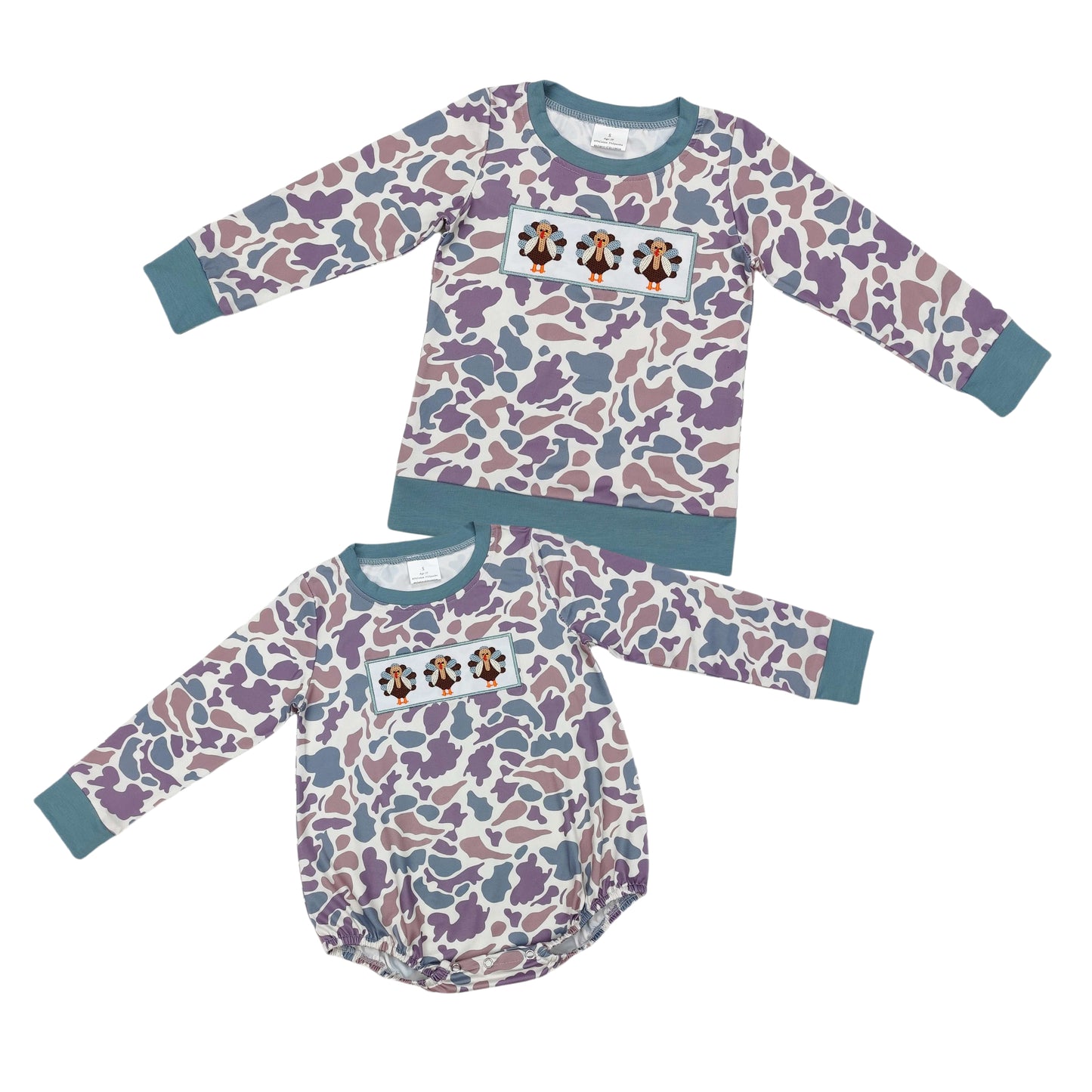 Sibling Baby Boys Thanksgiving Turkey Camo Long Sleeve Top/Romper