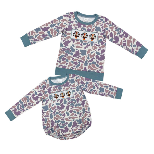 Sibling Baby Boys Thanksgiving Turkey Camo Long Sleeve Top/Romper