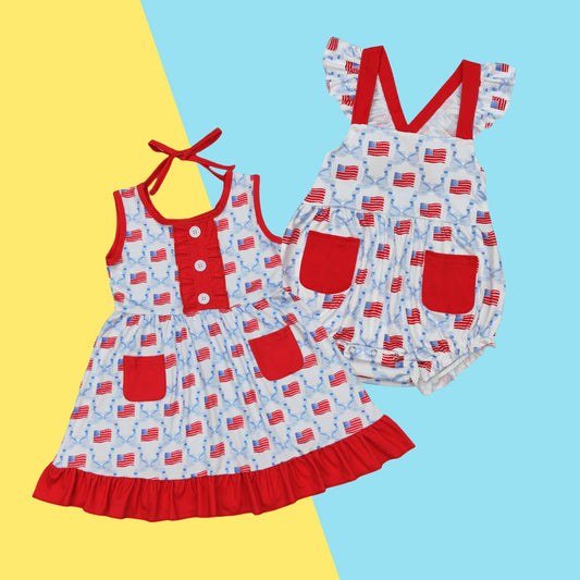 4th of July Patriotic Sibling Clothing Flag Blue Bow Dress Romper