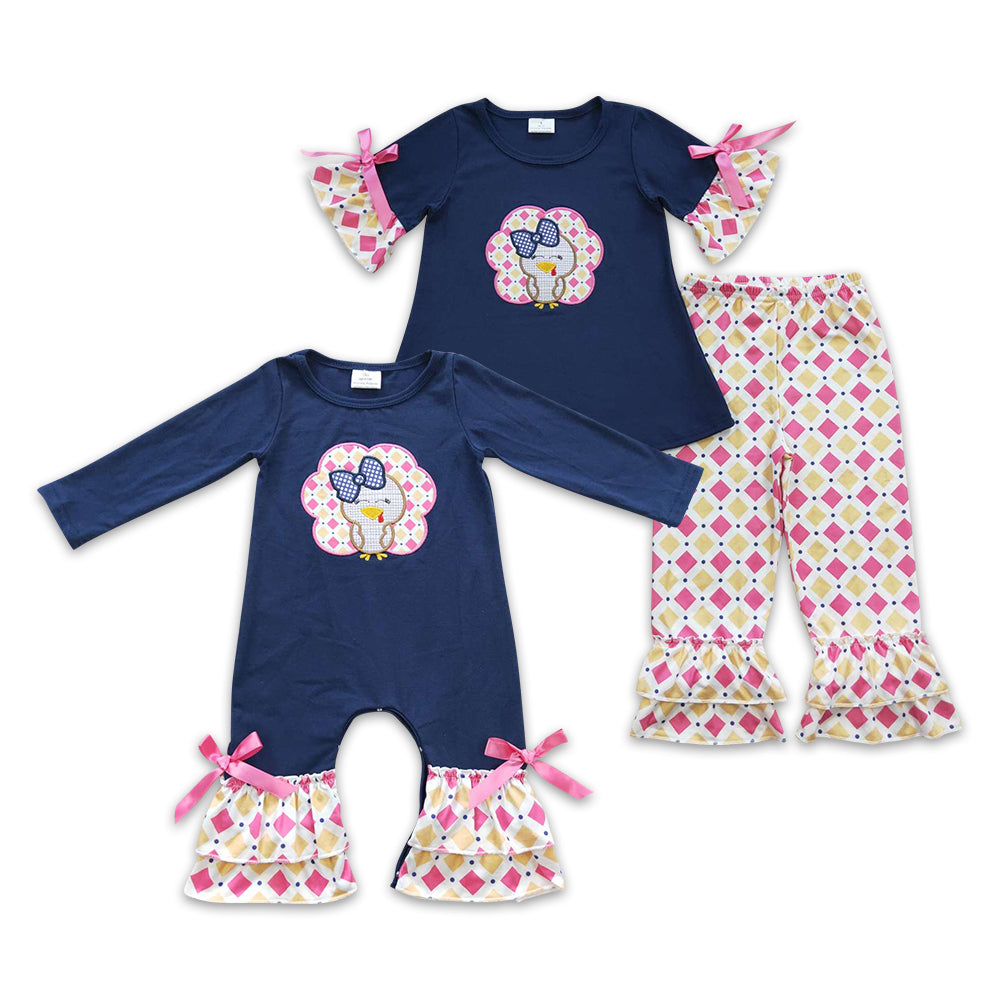 Baby Girls Sibling Embroidery Turkey Navy Outfit and Romper