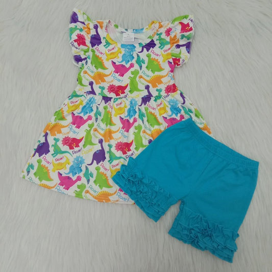 Cute girls Dinosaur Top Blue Shorts Summer set