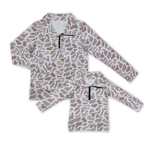 Mommy and Me Grey Camo Half Zipper Long Sleeve Pullover Top