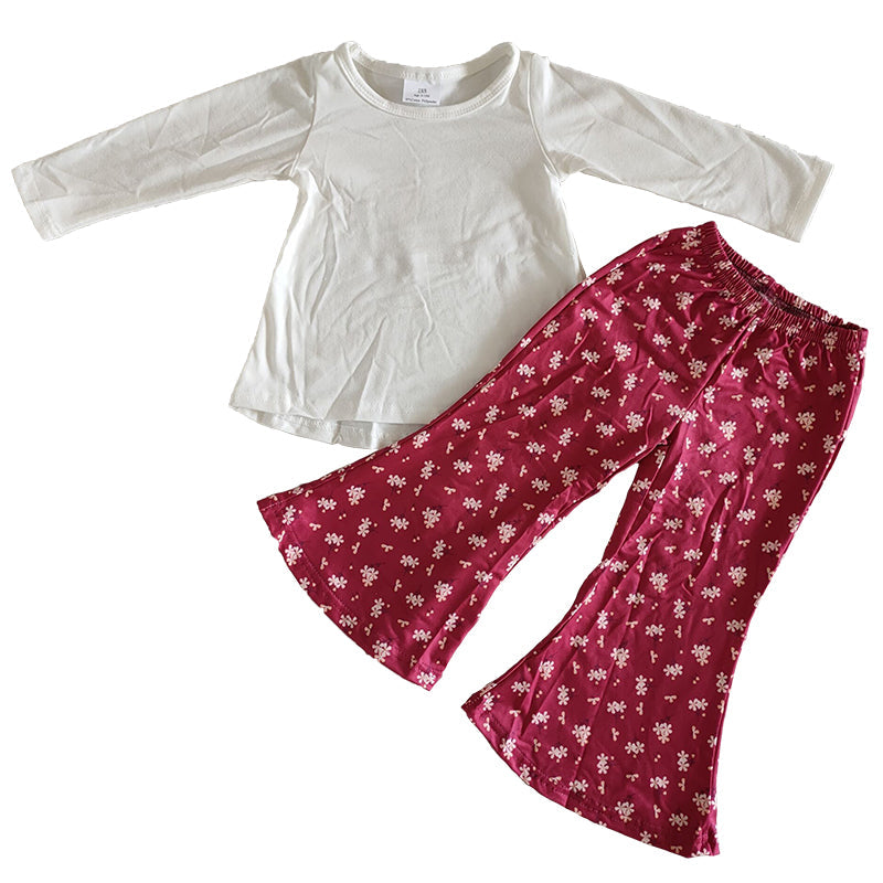 White Long Sleeve Top Red Floral Pants Set