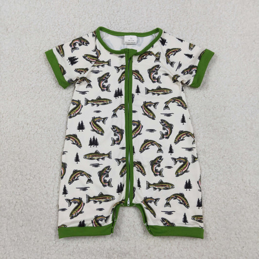 SR3095 Baby Boys Fishing Short Sleeve Zipper Romper