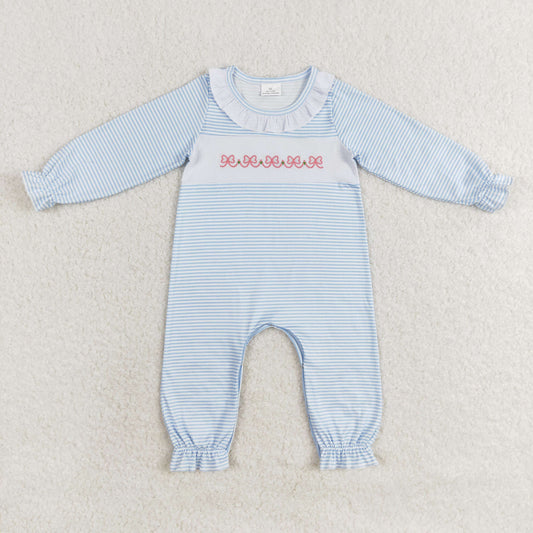 LR0941 Newborn Baby Girls Pink Bow Blue Striped Romper