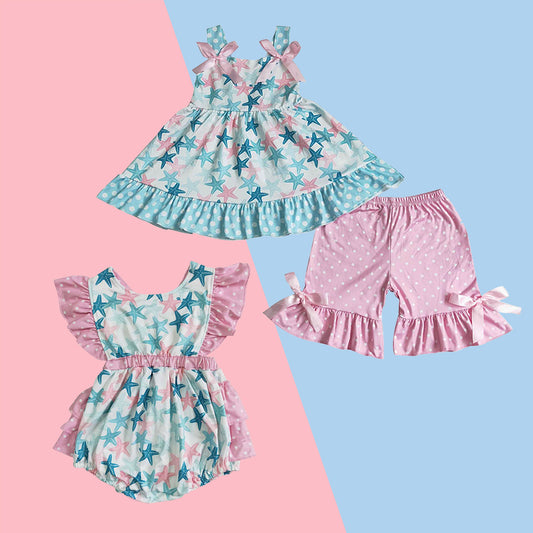 Sibling Baby Girls Starfish Pink Polka Dot Clothes