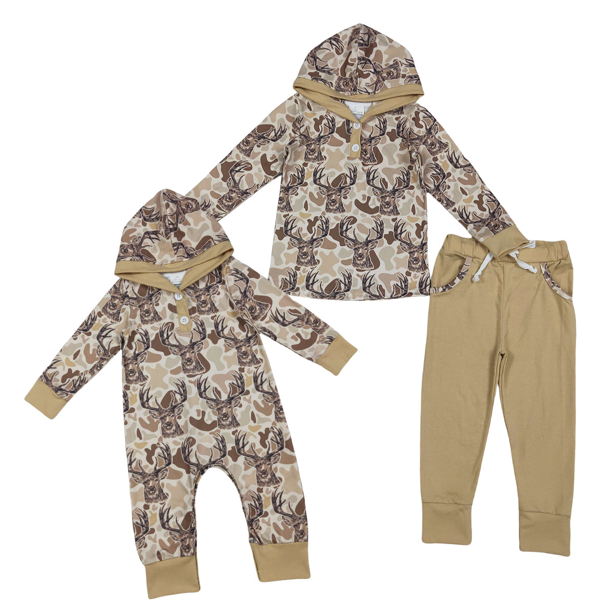 Sibling Baby Boys Hunting Camo Deer Hoodie Set /Romper Long Sleeve