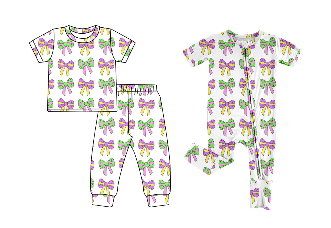 Baby Sibling Mardi Gras Bow Sleeping Wear Pajam Set and Romper Preorder