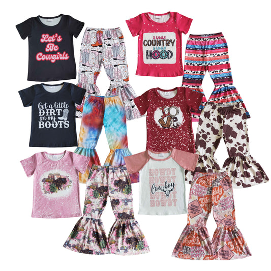 Western Baby Girls Howdy Short Sleeve Top Bell Bottom Pants Set On Sale