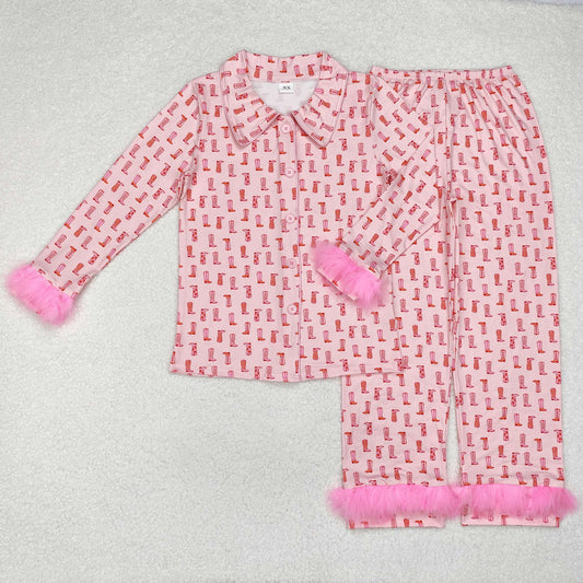 Adult Women Pink Western Boots  Button Up Top Pants Fur Pajamas