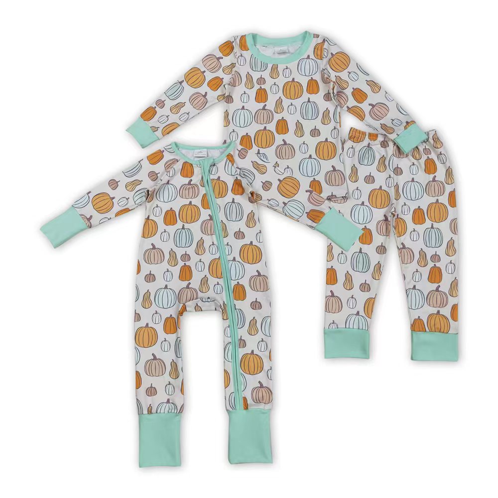 Sibling Baby Girls Fall Pumpkin Long Sleeve Pajama Set and Romper
