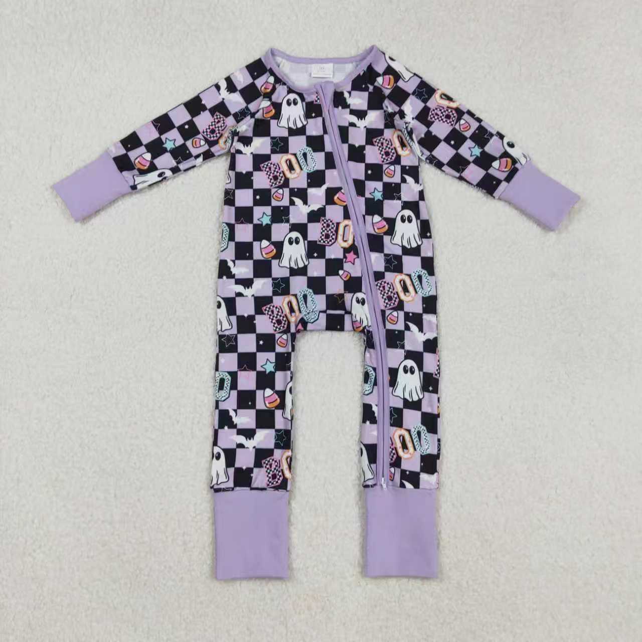 Sibling Baby Girls Halloween Ghost Boo Checked Pajama Set +Romper