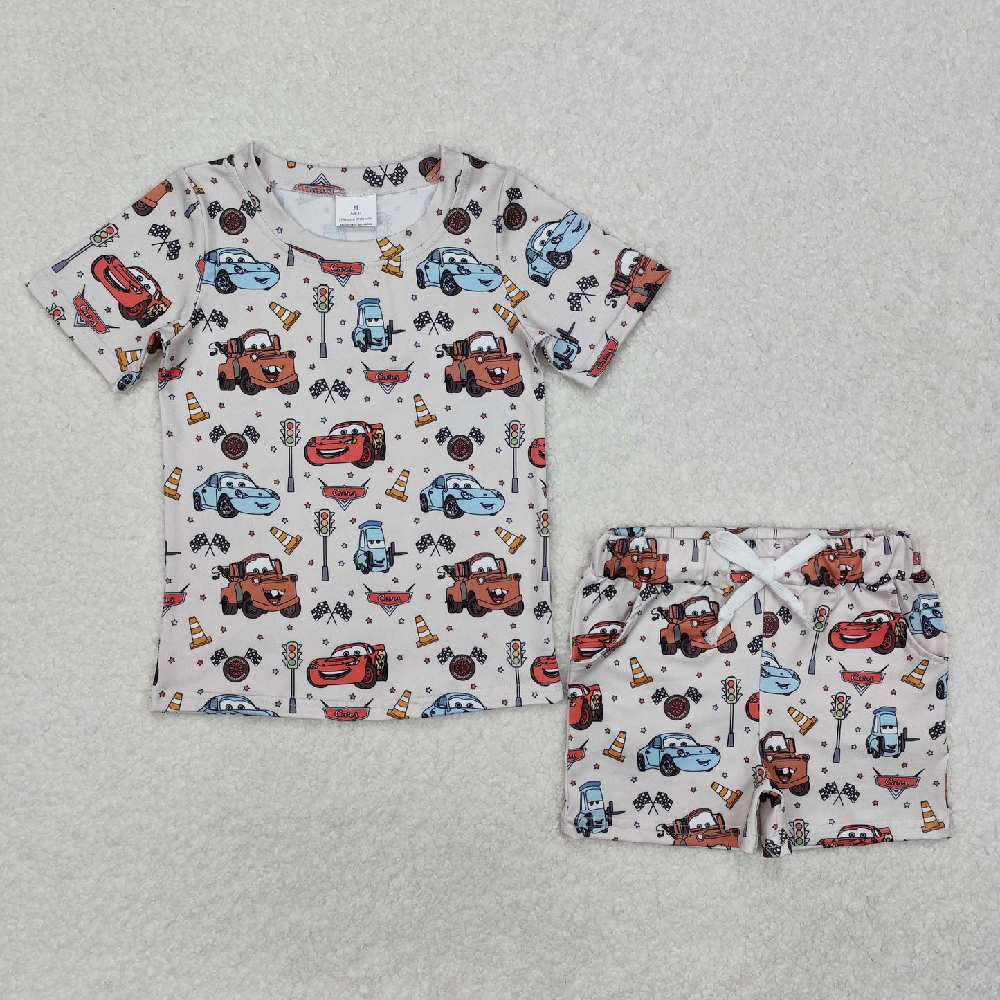 Sibling Baby Boys White Short Sleeves Cartoon Cars Top Pockets Short Set And Rompers