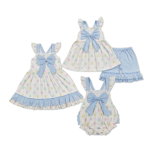 Sibling Baby Blue Bows Girls Colorful Eggs Romper Set And Dress