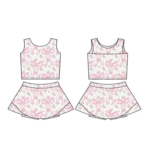 Preorder moq 5 Baby Girls Sleeveless Pink Bows Floral Vest Top Skorts Yoga Set