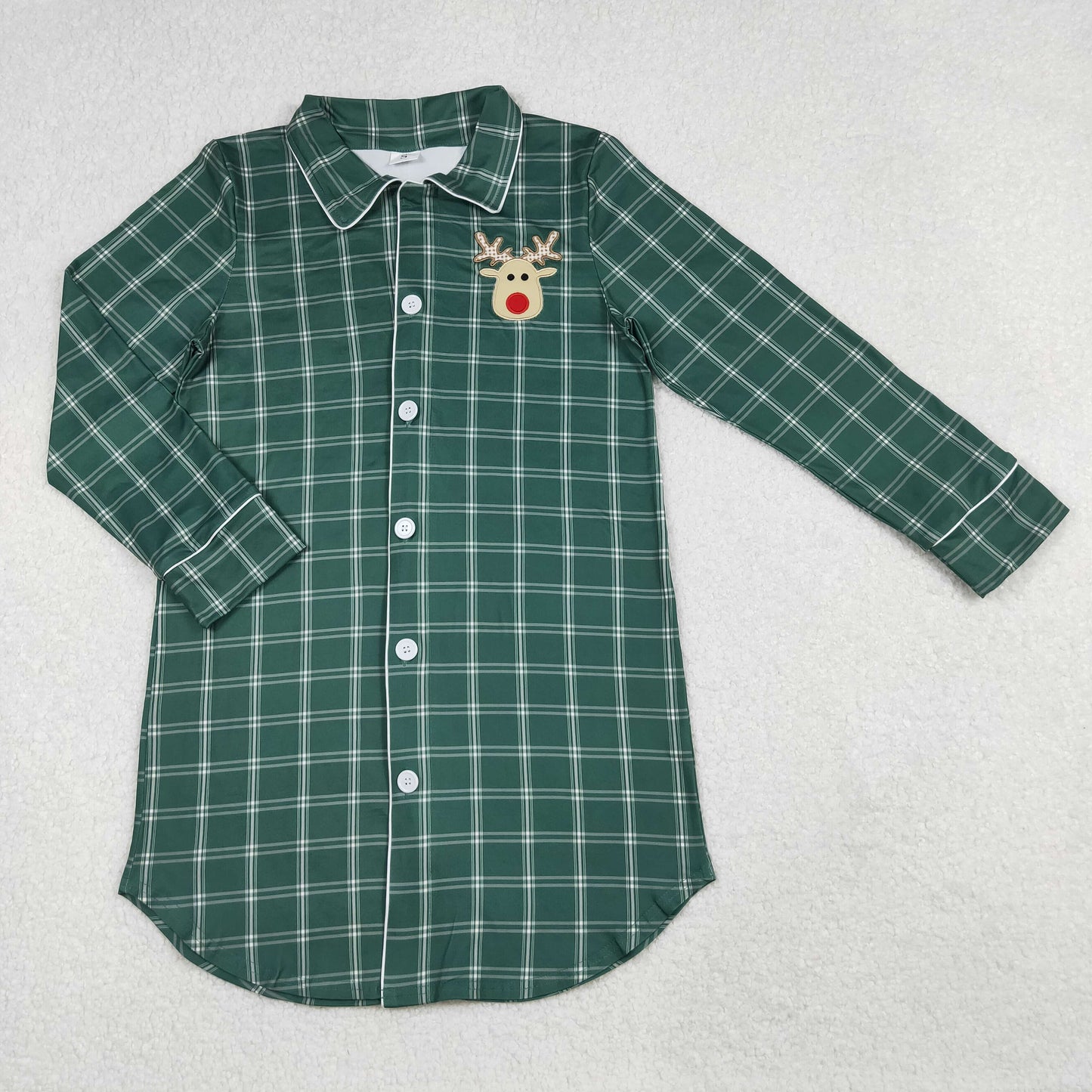 Adult Mama Christmas Reindear Green  Plaid Sleep Buttons Shirt Top