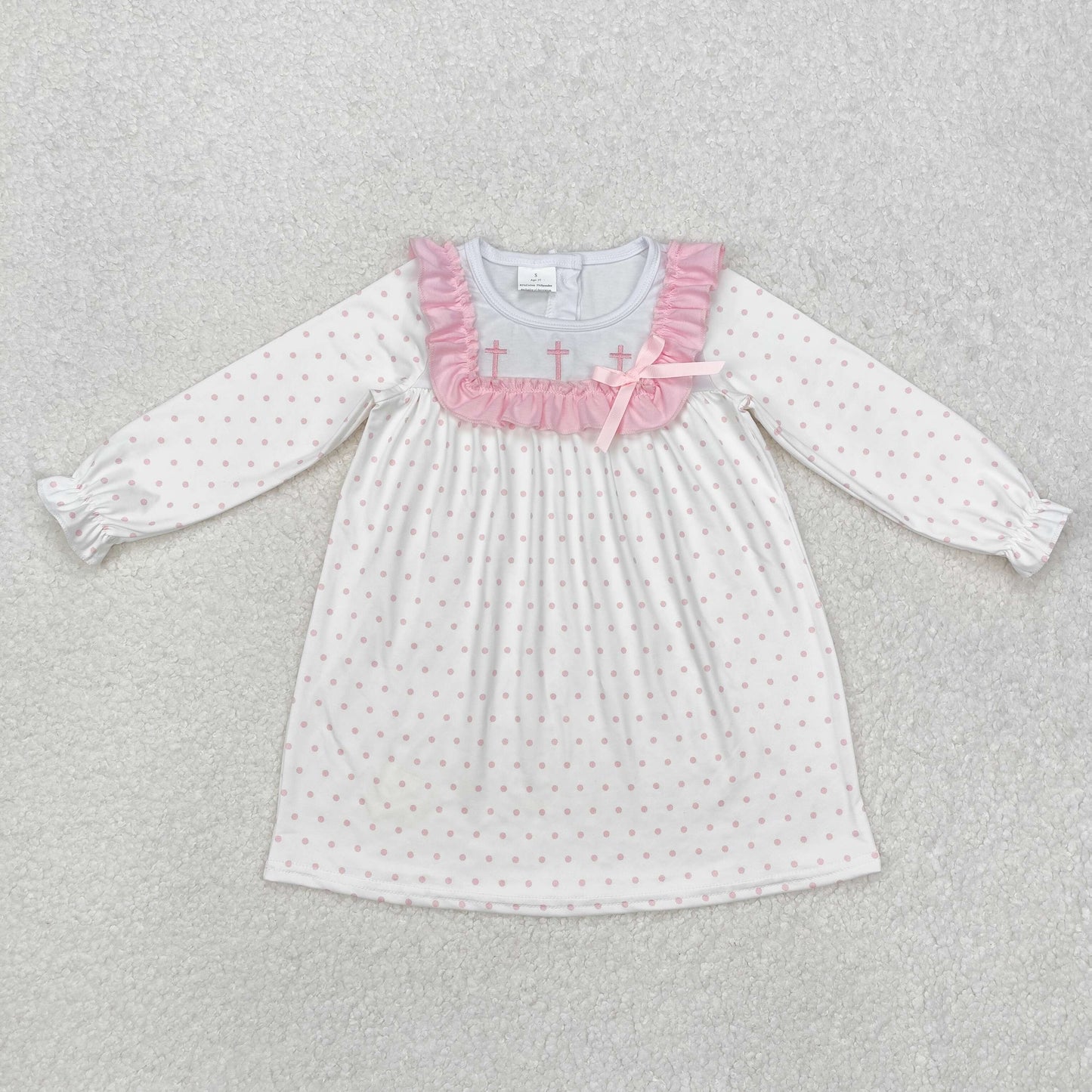 Baby Girls Long Sleeves Embroidery Pink Cross Polka Dot Easter Dress