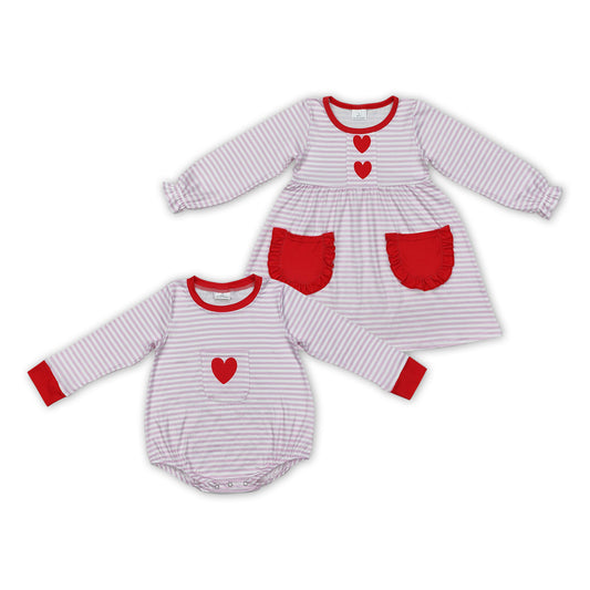 Sibling Baby Girls Pink Stripe Long Sleeve Red Hearts Valentines Dress And Rompers