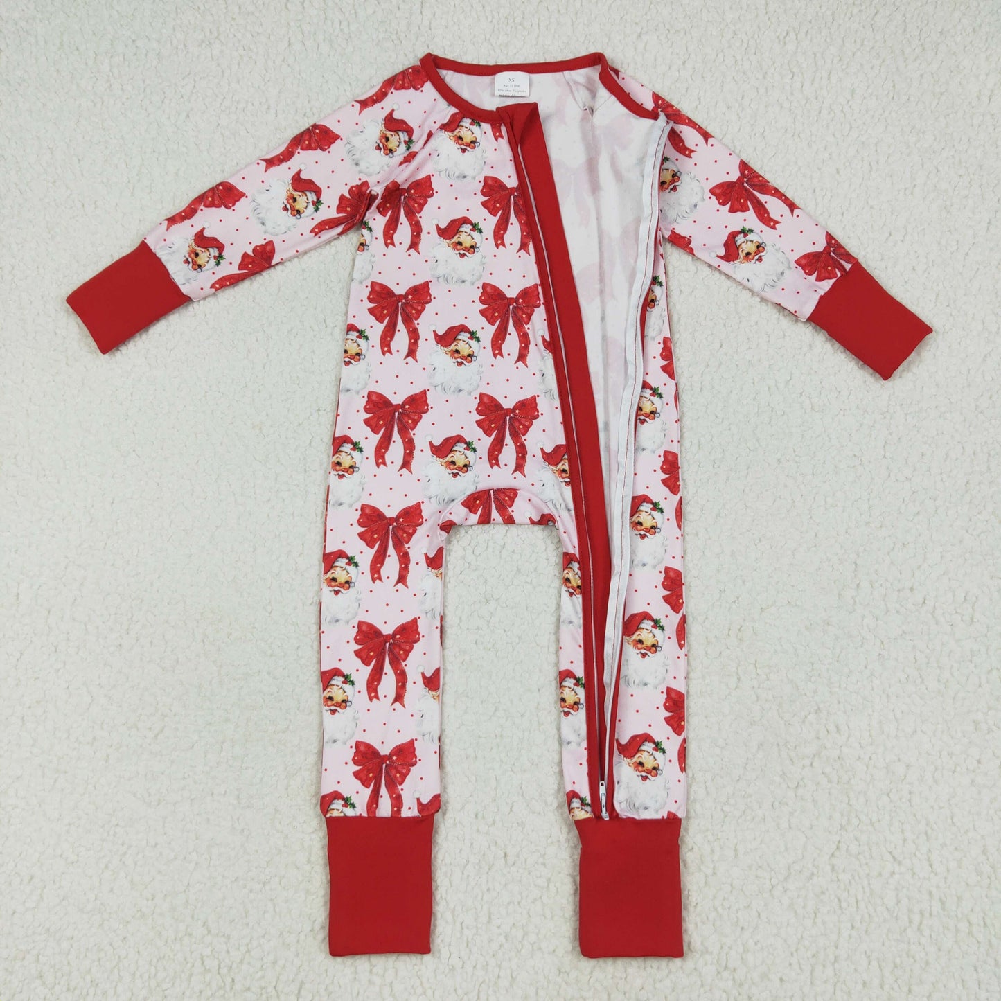 LR2223 Baby Girls  Christmas Santa Red Long Sleeve Zipper Romper
