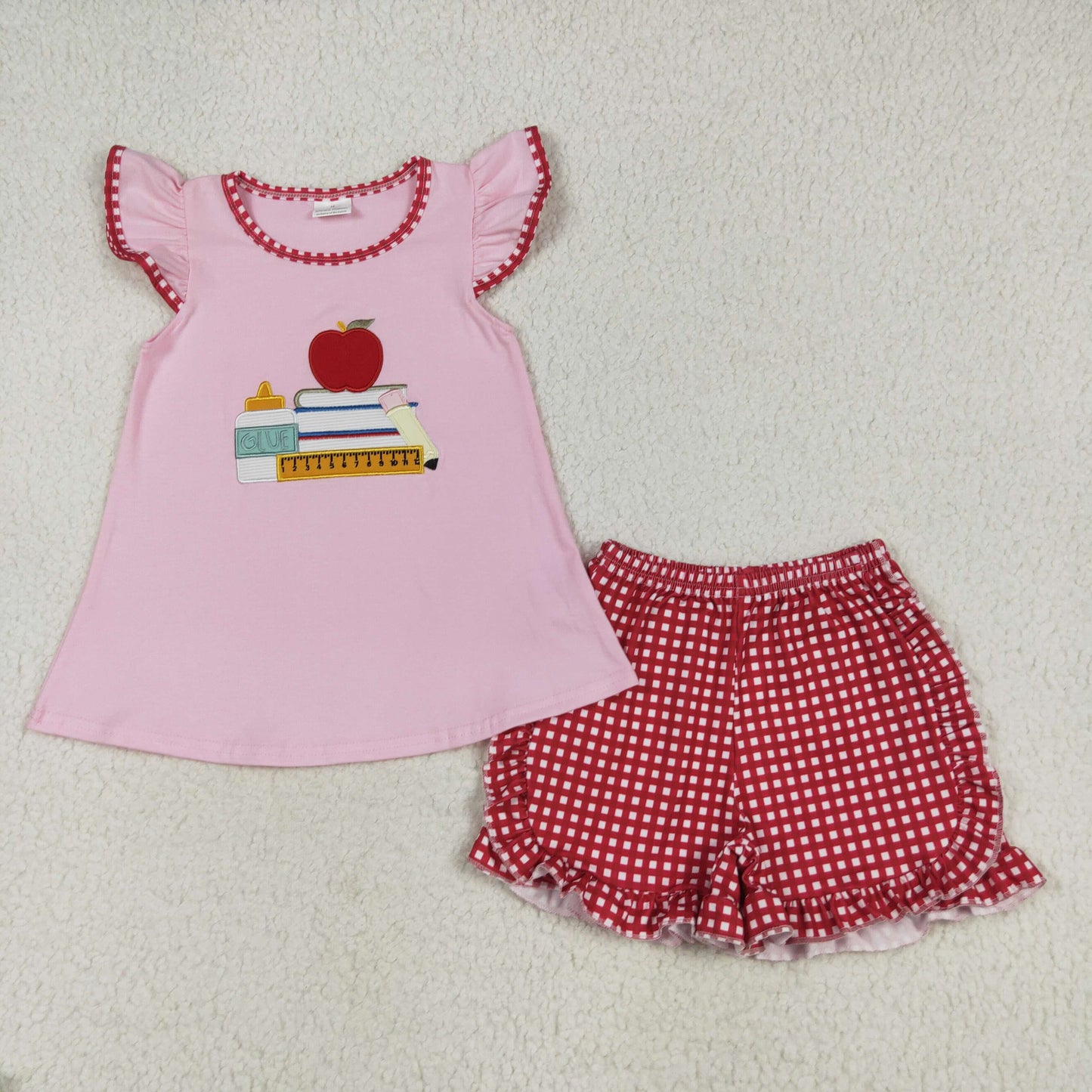 Baby Girls Pink Sleeveless Apple Pencil Top Plaid Ruffle Shorts Set