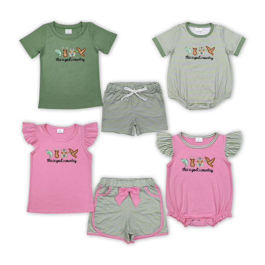 Sibling Baby Kids Embroidery Fish Deer Ducks Hunting Set And Rompers